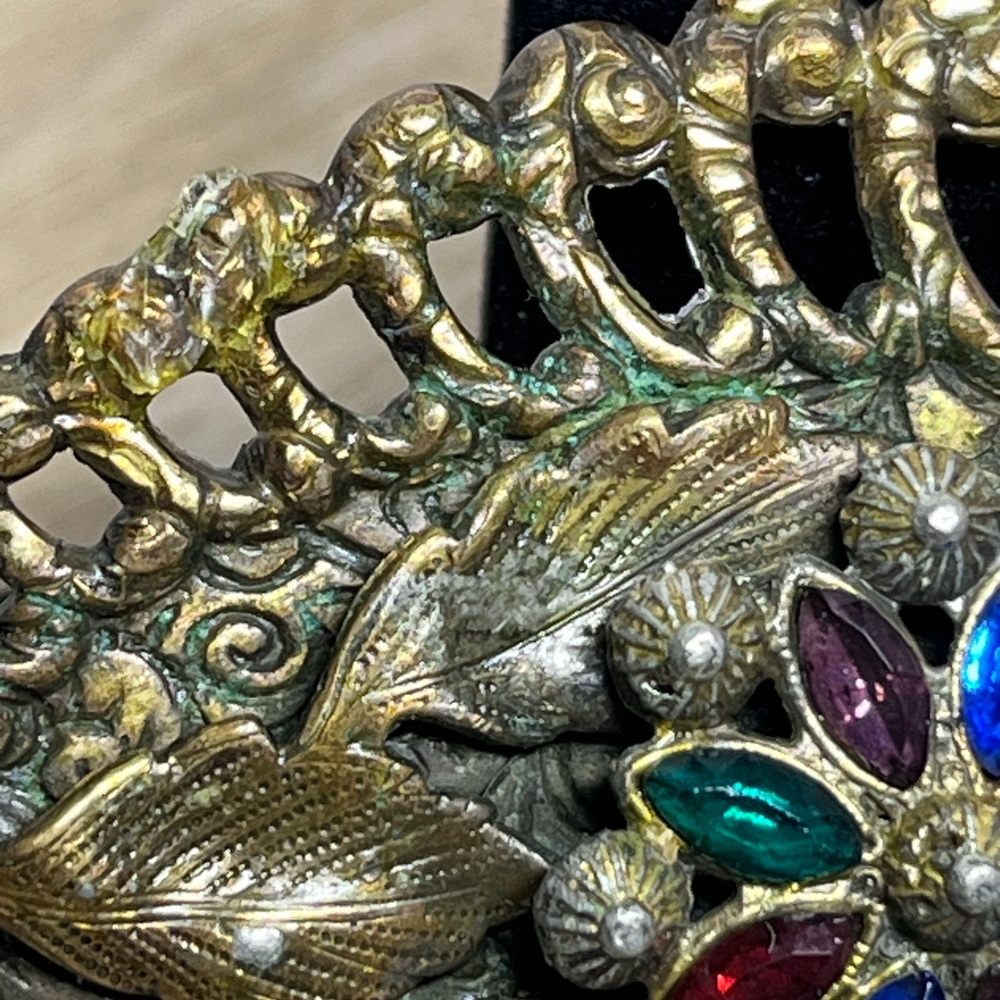 Vintage Florenza Style Rhinestone Floral Brooch Filigree Statement Pin - Picture 9 of 12